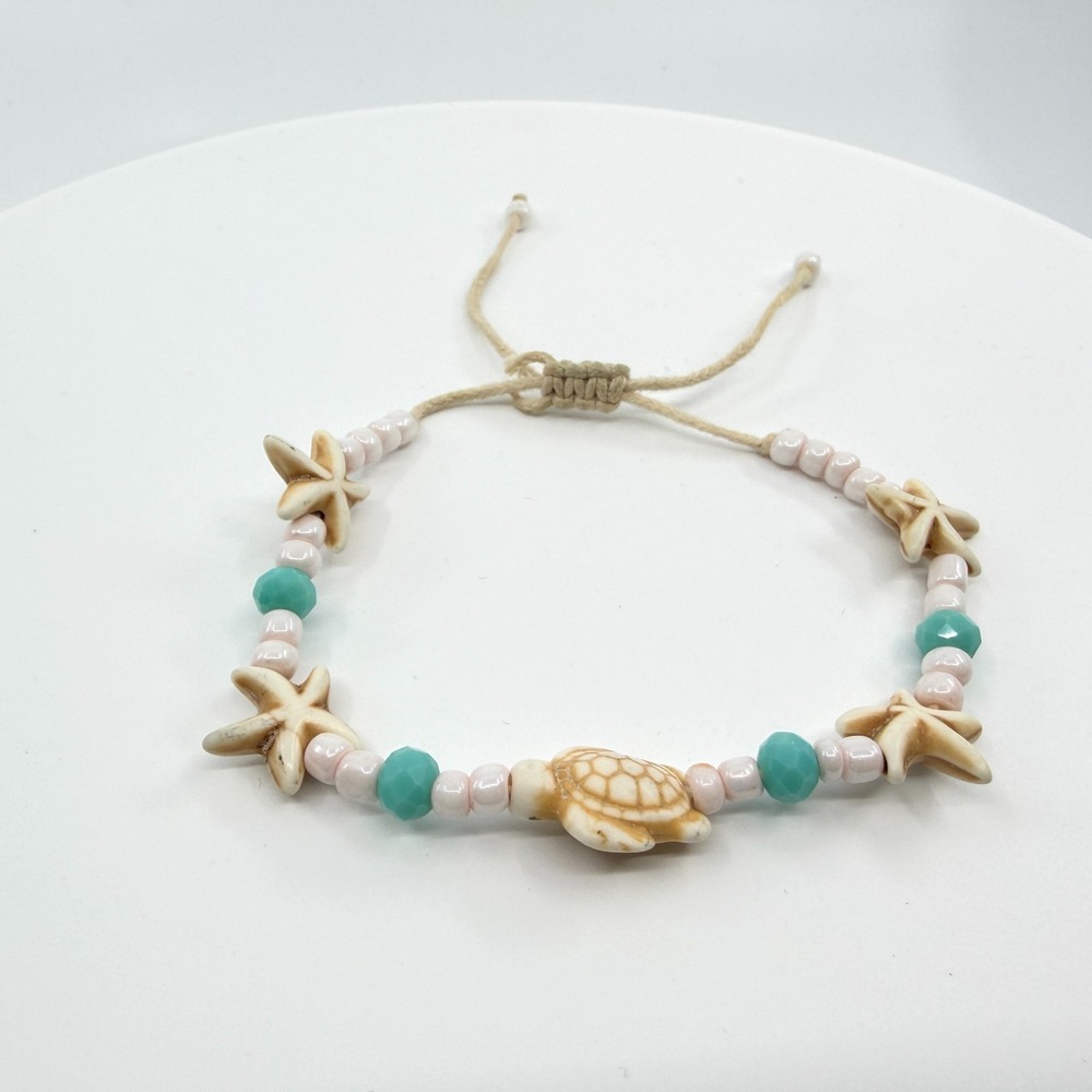 Vintage Y2K Beaded Sea Turtle Starfish Cord Macrame Bracelet Boho Teal Cream